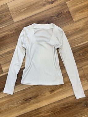 White Square Neck Ribbed Long Sleeve Top